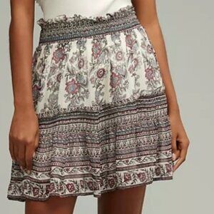 Anthropologie Mini Skirt Elastic Waist Size L Floral Ruffle Boho Cottagecore